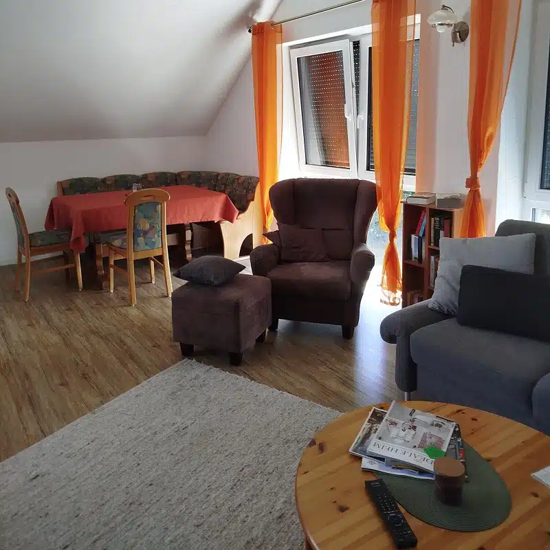 Helles Wohnzimmer mit Essbereich, braunem Sessel und grauem Sofa auf Holzfußboden.